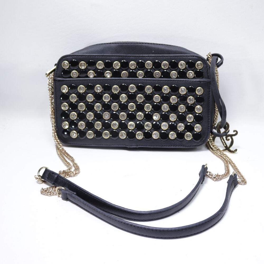 Bling Studded Crossbody Handbag Black Faux Leather Gold Tone Chain Convert Bag
